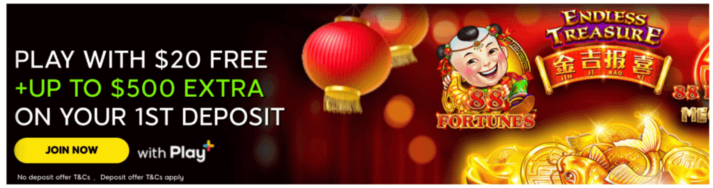 20 free spins and a deposit match of up to $500 888