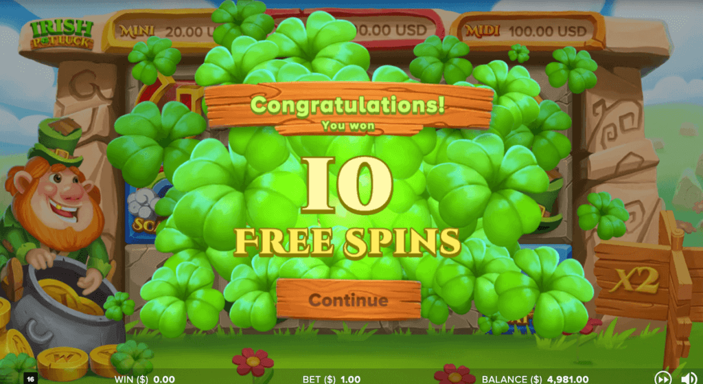 Free Spins Bonus Game in Irish Pot Luck online slot