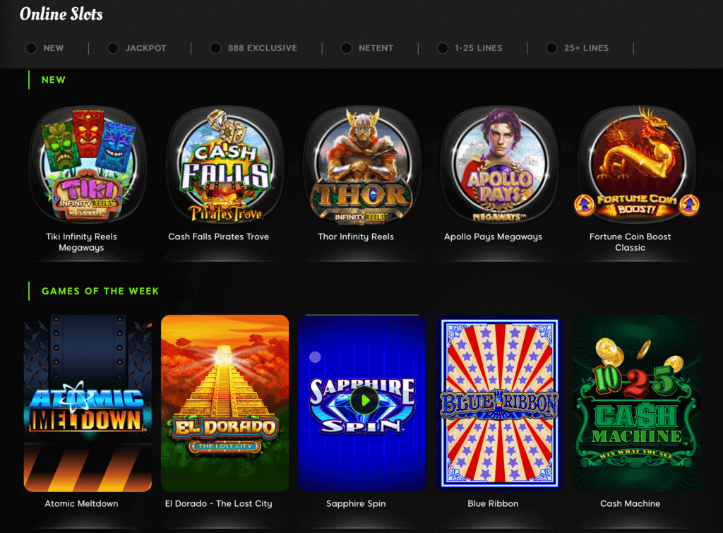 888 Casino Online slots page