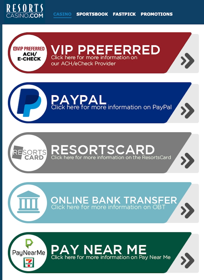 Resorts Online Casino Payment Methods